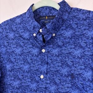 Ralph Lauren Shirt Mens Medium Blue Slim Fit Button Down‎ Tropical Print Casual